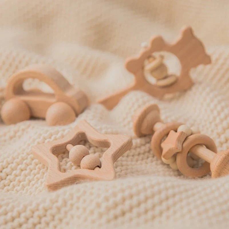 Wooden Baby Rattles Set | Beech Wood Teether and Musical Montessori Toy for Infants