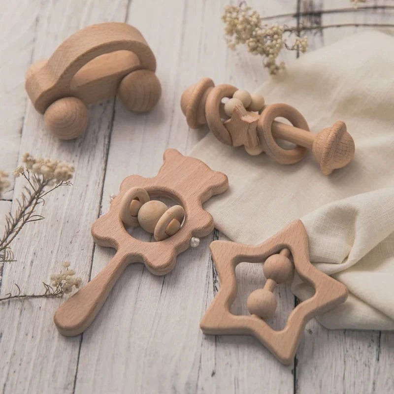 Wooden Baby Rattles Set | Beech Wood Teether and Musical Montessori Toy for Infants