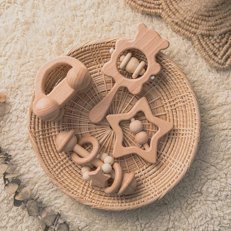 Wooden Baby Rattles Set | Beech Wood Teether and Musical Montessori Toy for Infants