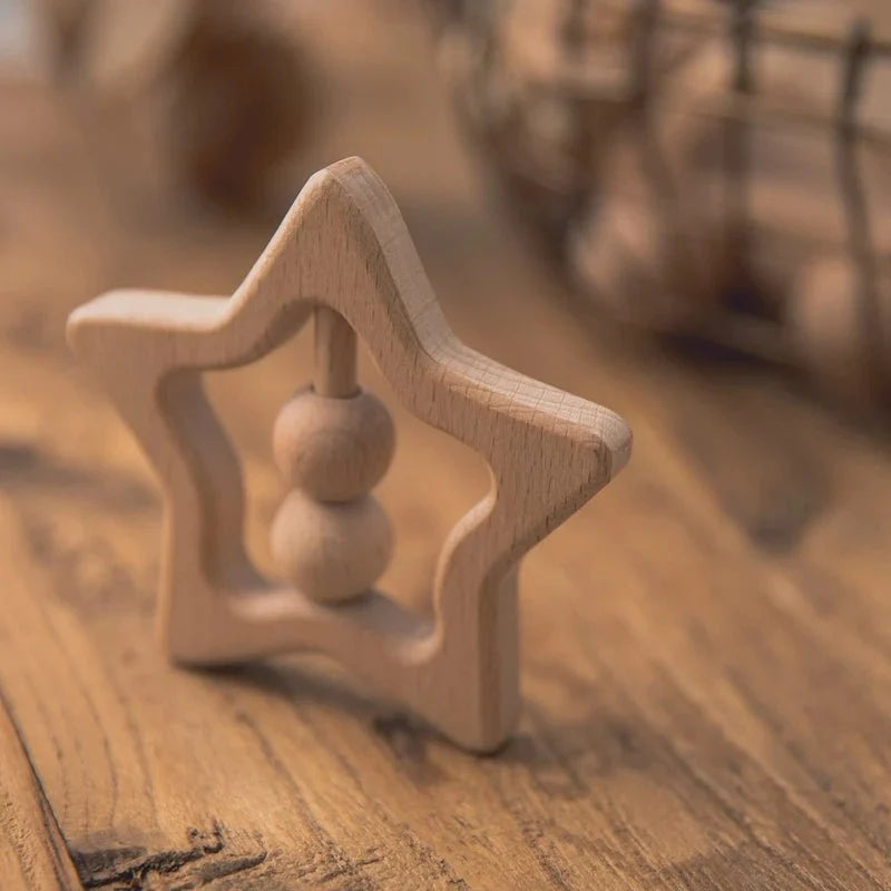 Wooden Baby Rattles Set | Beech Wood Teether and Musical Montessori Toy for Infants