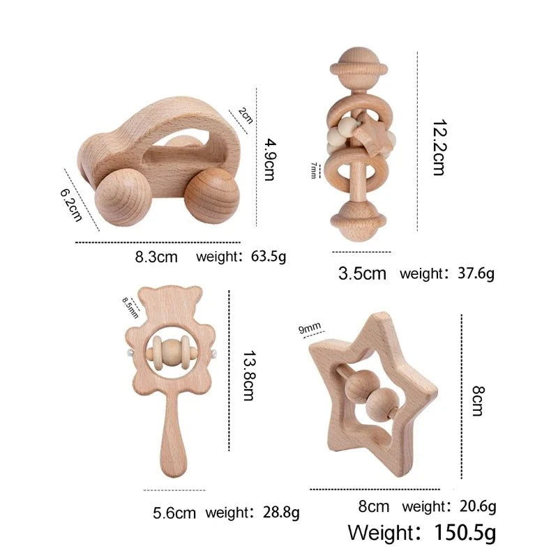 Wooden Baby Rattles Set | Beech Wood Teether and Musical Montessori Toy for Infants