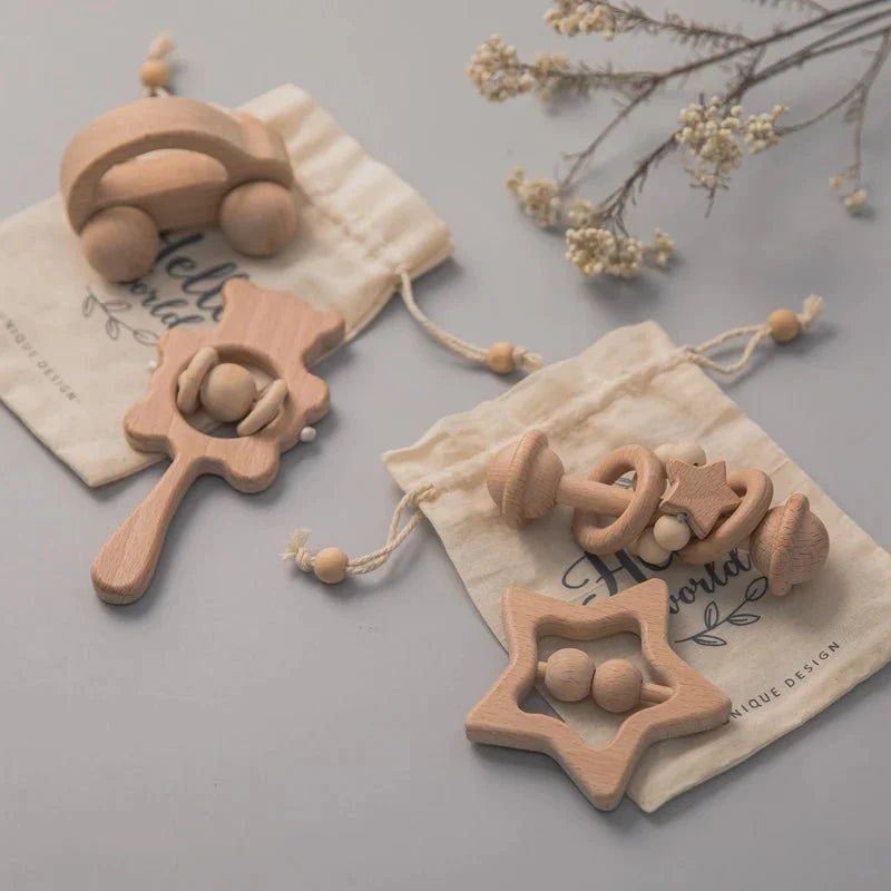 Wooden Baby Rattles Set | Beech Wood Teether and Musical Montessori Toy for Infants