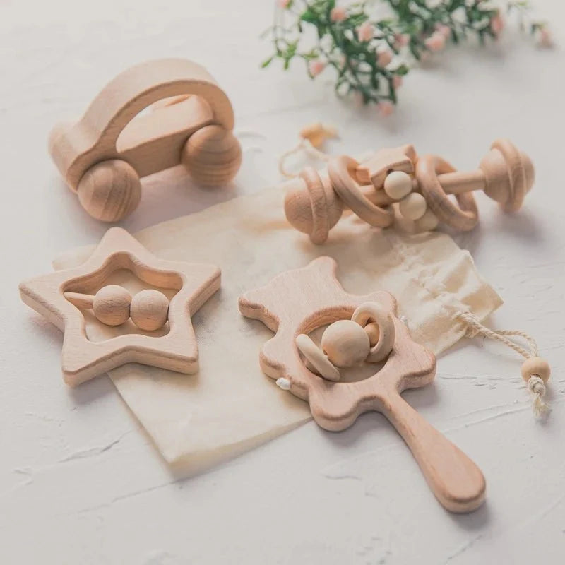 Wooden Baby Rattles Set | Beech Wood Teether and Musical Montessori Toy for Infants