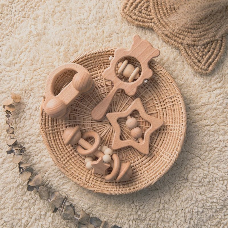 Wooden Baby Rattles Set | Beech Wood Teether and Musical Montessori Toy for Infants