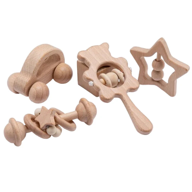 Wooden Baby Rattles Set | Beech Wood Teether and Musical Montessori Toy for Infants