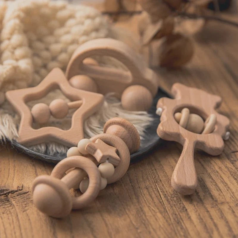 Wooden Baby Rattles Set | Beech Wood Teether and Musical Montessori Toy for Infants