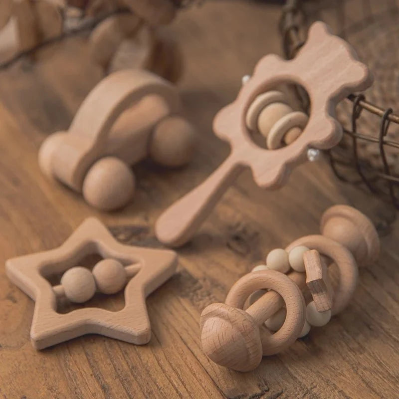 Wooden Baby Rattles Set | Beech Wood Teether and Musical Montessori Toy for Infants